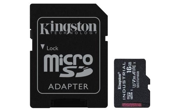 Kingston Industrial – Flash-muistikortti (mukana microSDHC–SD-sovitin) – 16 GB – A1 / Video Class V30 / UHS-I U3 / Class 10 – microSDHC UHS-I