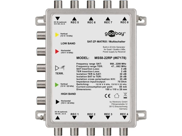 goobay MS58-22RP - Satellit/jord-signalmultiomkopplare - silver