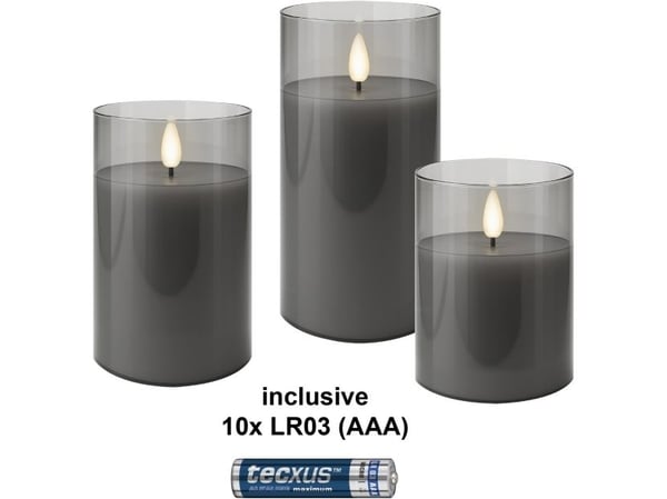 Sett med 3 LED-stearinlys i voks i et glass, grå-transparent, inkl. 10x AAA (LR03)