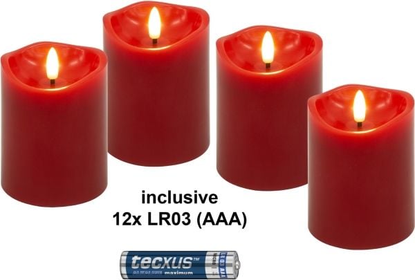 Sett med 4 LED-lys i voks, rød, inkl. 12x AAA (LR03)