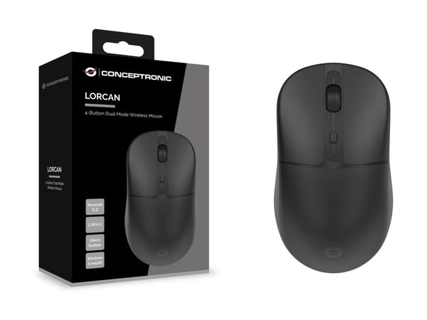 Conceptronic LORCAN04B - Mus - dual-läge - höger- och vänsterhänta - optisk - 4 knappar - trådlös - Bluetooth 5.2, 2.4 GHz - svart
