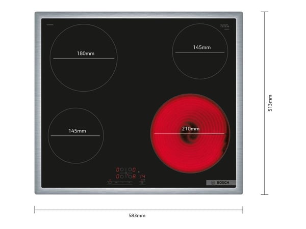 Bosch Serie | 4 PKE645BB2E - Keramisk häll - 4 kokplattor - Fördjupning - bredd: 56 cm - djup: 49 cm - med kanter i rostfritt stål - svart / rostfr...