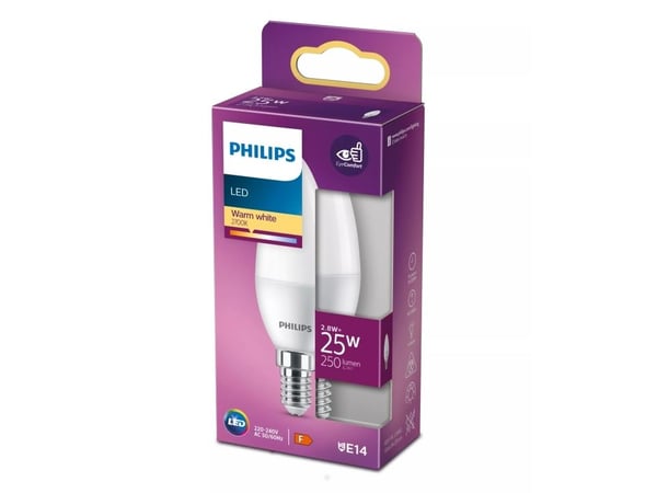 Philips - LED-lyspære - form: B35 - mattslipt finish - E14 - 2.8 W (ekvivalent 25 W) - klasse F - varmt hvitt lys - 2700 K