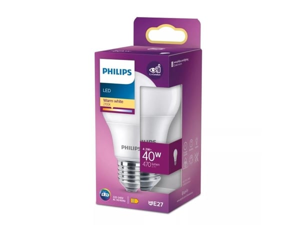 Philips LED - LED-lyspære - form: A60 - mattslipt finish - E27 - 4.2 W (ekvivalent 40 W) - klasse E - varmt hvitt lys - 2700 K