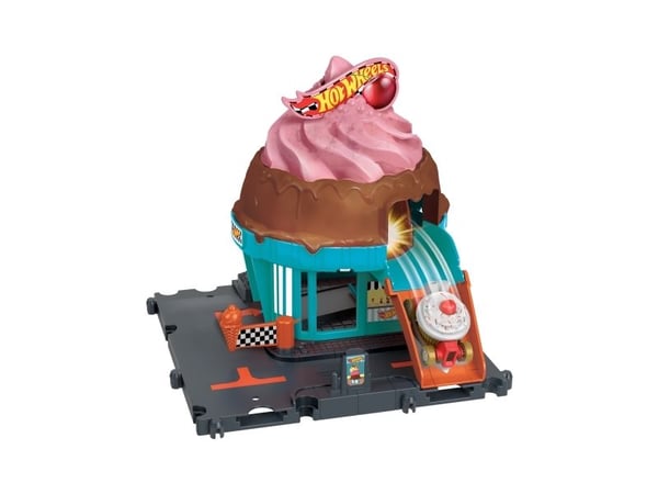 Hot Wheels City -banset med 1 -bil, lekset med glasskiosk, Set med fordon och bana, 3 År, Plast, Multifärg