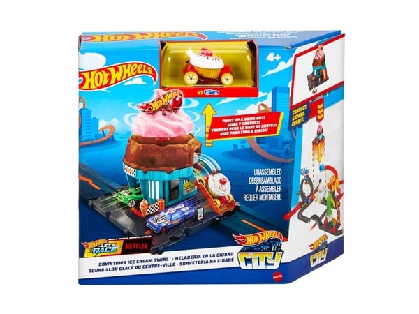 Hot Wheels City -banset med 1 -bil, lekset med glasskiosk, Set med fordon och bana, 3 År, Plast, Multifärg