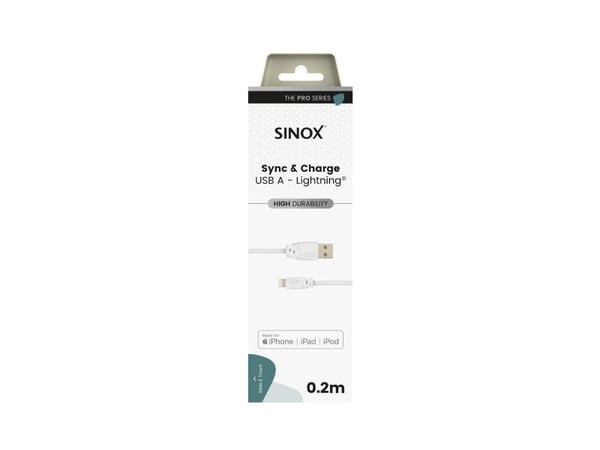 Sinox PRO Lightning kabel m/original Apple chip. 0,2m. Vit, 0,2 m, Lightning, USB A, Hankoppling, Hankoppling, Vit