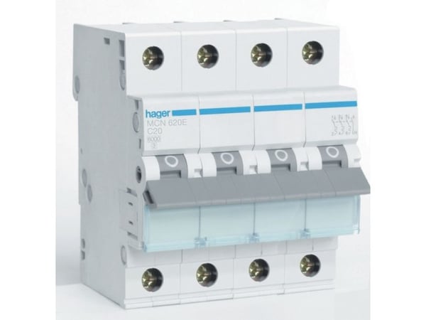 HAGER Automaattisulake C 20A, 3-napainen + nollaC-ominaisuus6kAoikosulkukapasiteetti400VAC, 72 mm leveä