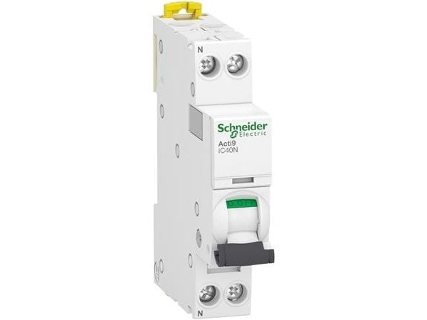 SCHNEIDER ELECTRIC Acti9 automatsikring, 1P + N, 6A, 230V 6/10 kA, C-karakteristik, enkelt terminal, bredde 18 mm