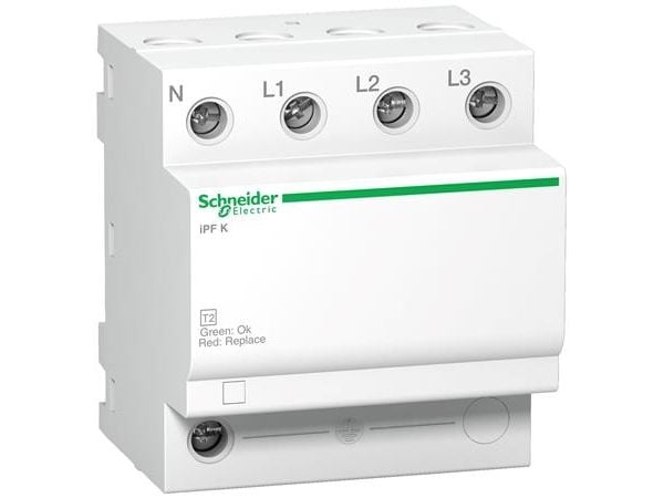 SCHNEIDER ELECTRIC Ylijännitesuoja iPF 20kA 340V 3PN asuinkeskuksiin, asennetaan keskukseen ja vaihdetaan punaisella merkillä