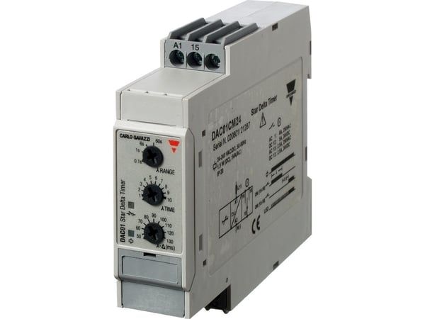 CARLO GAVAZZI Aikarele tähti/kolmio, 1CO, jännite 24-250V AC/DC, säätöalue: tähti 0,1-600sek, tähti-kolmio 50-130msec W:17,5 mm