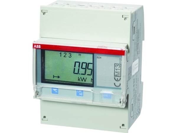 ABB:n sähkömittari muuntajan mittaukseen. 3P+N, 230-400V MID hyväksytty Cl. B (luokka 1), pulssi-/ hälytyslähtö, M-väyläliitännällä