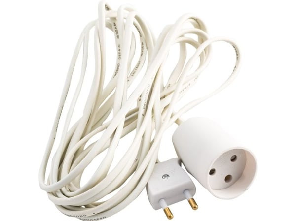 E-line förlängningskabel 2x0,75 - H03VVVH2-F, vit/y, 230V/10A, plastkabel, 5m