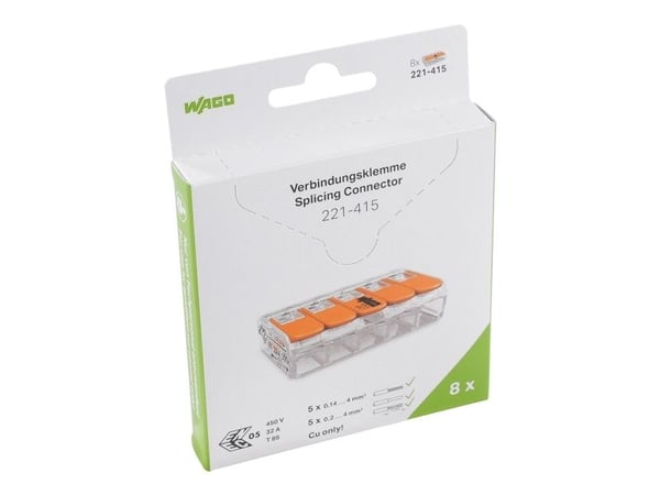 WAGO Jousiliitin 5x0,14-4 mm². Läpinäkyvää muovia, oranssilla kielekkeellä, ruuviton, halogeeniton. ULKOPAKKAUS 8 kpl.