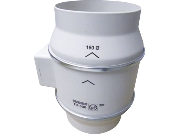 THERMEX Kanalvifte TD 500/160 Scandic, ø160 mm. Luftmengde 580/430 m³/t ved 0 Pa, energiforbruk 44-50 W. Monteres horisontalt eller vertikal.