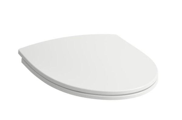 Laufen Rigo toiletsæde med softclose beslag, sædet er udført i hård hvid Duroplast og med stål beslag.