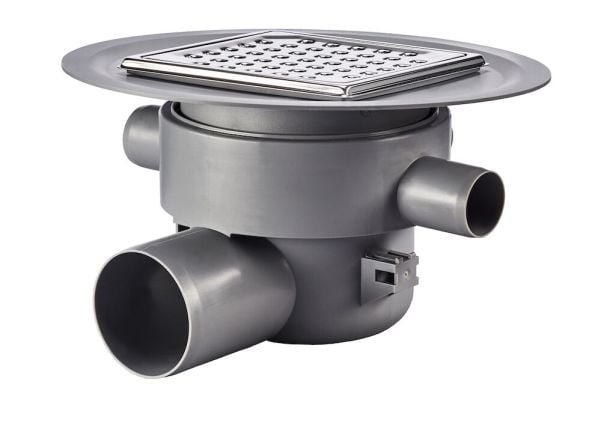 PURUS Multiflex Ø75 mm vaakasuora ulostuloaukko laipalla voikalvoa varten, 3 sivuaukkoa 1XØ32mm 2XØ40mm, ritilä/runko laattalattialle w/water lock ...