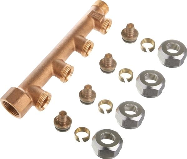 Roth EURO-red fördelarrör i CC499K röd mässing med 4 förgreningar för 15 mm PEX, skärring och överwurf aus Messing