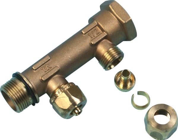 Uponor Aqua PLUS fördelarrör, fast muff, PEX WTR DR G3/4" MT/FT 4x15 mm pex klämringskopplingar, c/c 50 mm, avzinkningsfri mässing