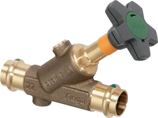 Viega Easytop rödgods snedfotsventil, med pressanslutning för 54 mm V-bakkar. Med SC-Contur