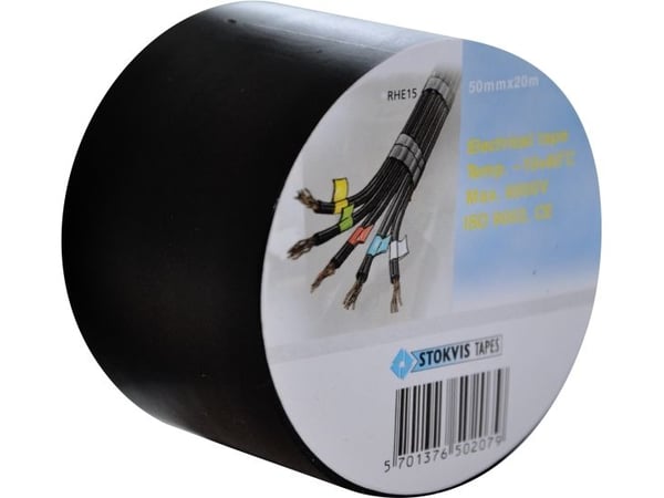 Stokvis PVC tape 50mmx20m - Sort, isoleringstape m/kraftig klæber t/høj & lav temperatur