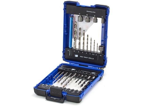 THÜRMER TOOLS kombiborrset med kåpa: borr för metall 2–8 mm, trä 3–8 mm och mur 4–8 mm, inkl. toppar m/ batteri och bits