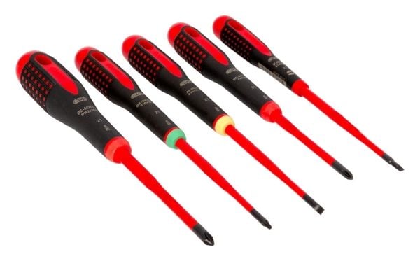 sett med 5 stk. Isolerte skrutrekkere for sporskruer, Philips og TORX, SLIM VDE ERGO, Bahco [BE-9871SL]