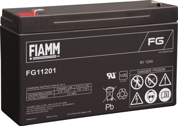 Fiamm PB-6-12 Blybatteri 6 V 12 Ah Blyfleece (B x H x D) 151 x 99 x 50 mm Flatplugg 4,8 mm Vedlikeholdsfri, lav selvutlading, VDS-sertifisert
