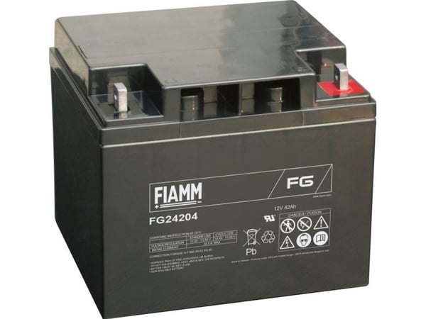 Fiamm lyijyakku 12v/42Ah. hälytys- ja varmuuskopiointiin napa Lippu Ø 5.5mm (litteä rauta läpireiällä) - (LxSxK) 197x165x170mm