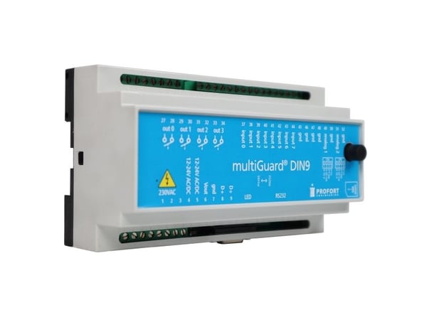 PROFORT MultiGuard® DIN9-L 4G-lähetin/vastaanotin, teknisten laitteistojen valvontaan, 8 digitaalista ja 2 analogista tuloa. 4 relelähtöä