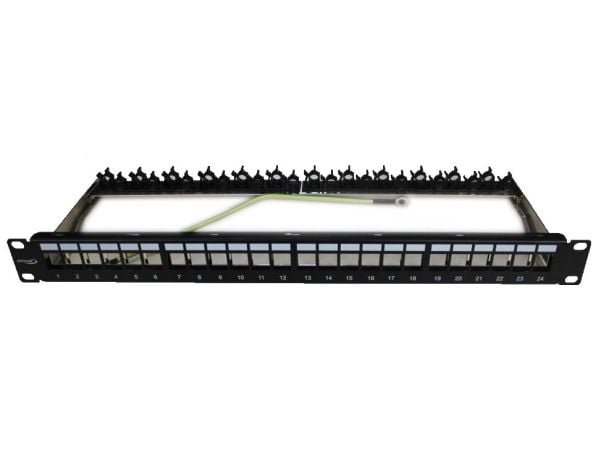 INFRALAN patchpanel 19" 1HE, 24 portar för Csslr Plus UTP/FTP verktygsfri keystone, Easy-Clip, svart inkl. 4 mm² jordkabel
