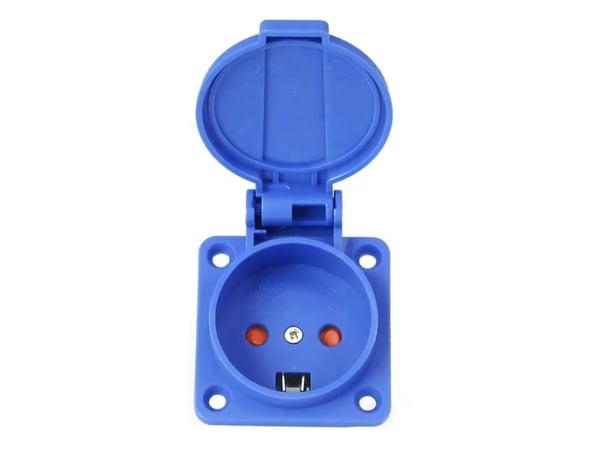 ELPERIUM infälld stickdosa med lock, dansk kontakt 16A 230V jord IP54, fläns 50x50 mm, blå polyamid