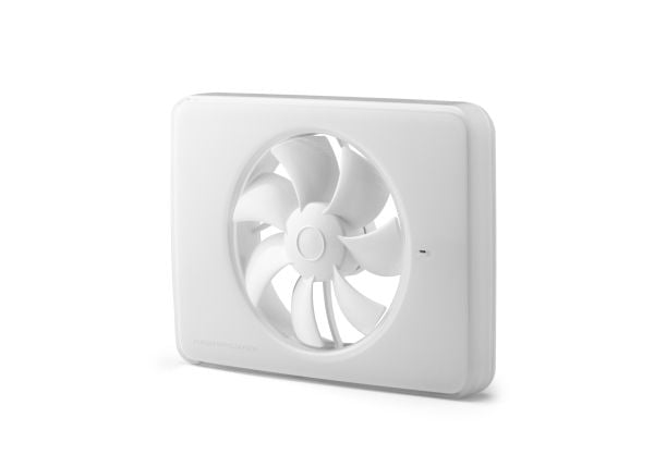 FRESH Ventilator Intellivent® 2.0, valkoinen, jossa on useita toimintoja ajan, nopeuden ja kosteuden hallintaan. Max. 134 m³/h, ø100/125 mm, IP44.