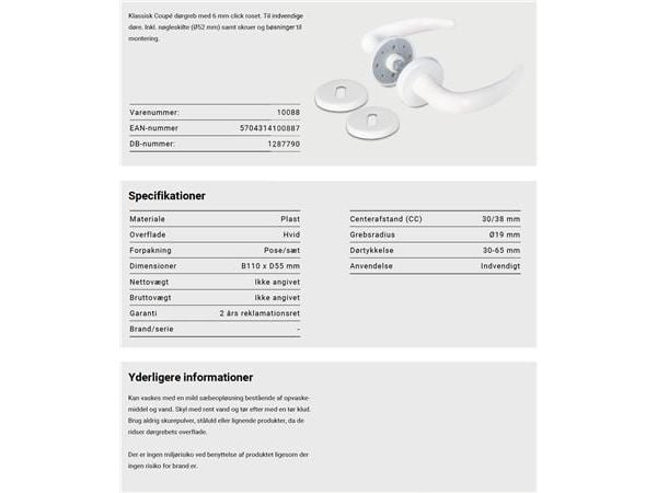 Klassisk Coupé dørgreb i hvid med 6 mm click roset. Til indv. døre. Inkl. nøgleskilte (Ø52 mm), skruer og bøsninger til montering.