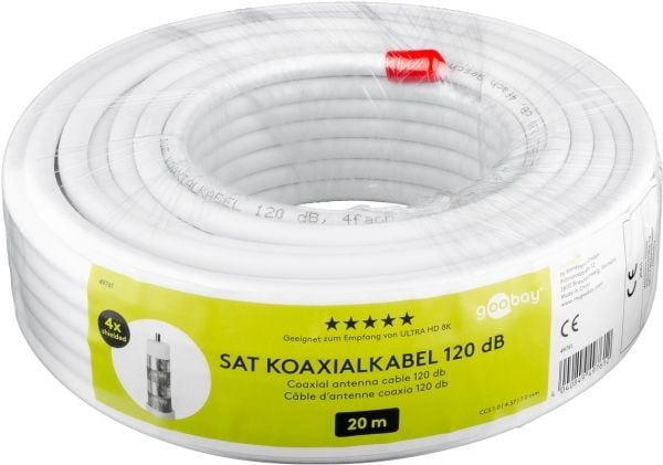 goobay - Antennekabel i stort parti - 20 m - firedobbelt-skjermet koaksial - 120 dB - hvit