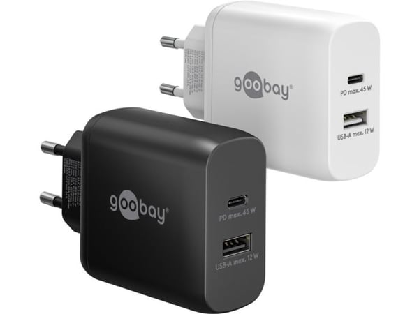 goobay - Strømadapter - GaN - 45 watt - 3 A - PD - 2 utgangskontakter (USB, USB-C) - hvit