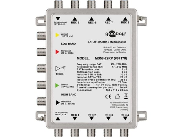 goobay MS58-22RP - Satellit/jord-signalmultiomkopplare - silver
