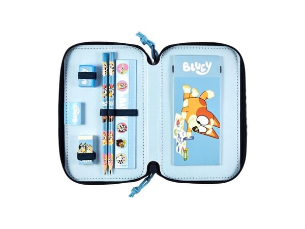 BLUEY 2-fack fylld pennfodral, 300D RPET nylon, A6 anteckningsbok, pennvässare, linjal 15 cm, 12 färgpennor, 2 pennor, suddgummi, 300D nylon, 19,5 ...