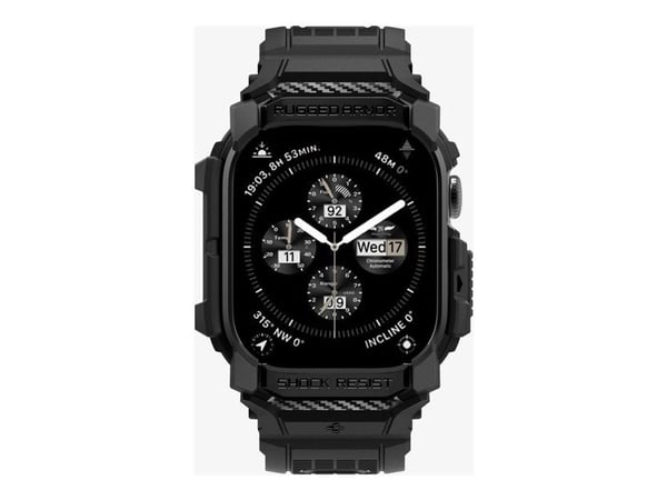 Spigen Rugged Armor Pro, Kotelo, Älykello, musta, Apple, Apple Watch 10 (46mm), Termoplastinen polyuretaani (TPU)