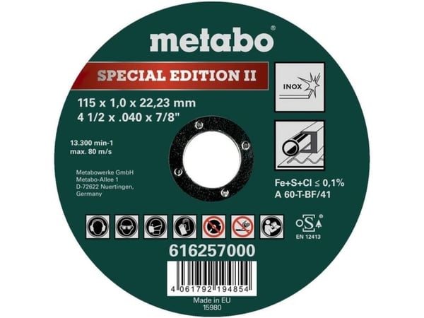 Metabo 616257000, Katkaisulaikka, Ruostumaton teräs, Terästä, 13300 RPM, Vihreä, Pyöreä, 2,22 cm