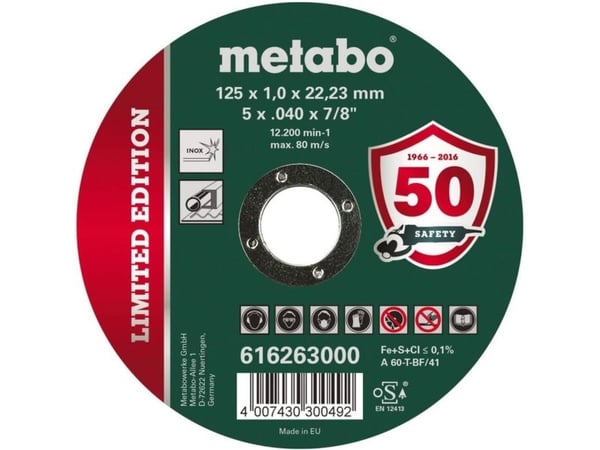 Metabo 616263000, Katkaisulaikka, Ruostumaton teräs, 12200 RPM, Vihreä, Pyöreä, 2,22 cm