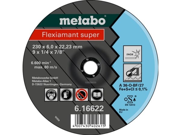 Metabo 616610000, Hiomalaikka, Ruostumaton teräs, 8500 RPM, Sininen, Harmaa, Pyöreä, 2,22 cm
