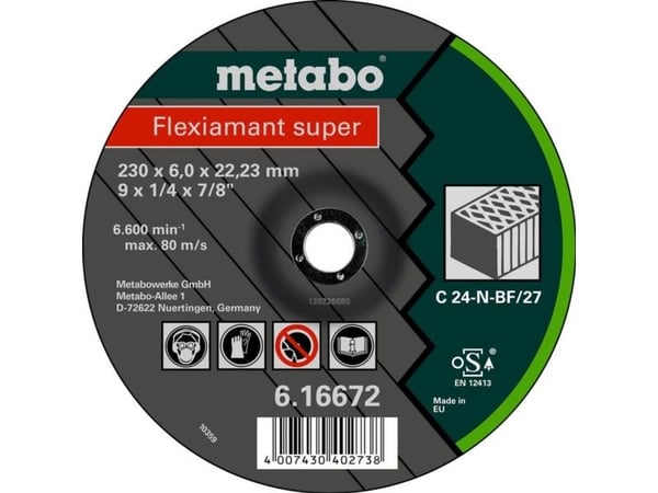 Metabo 616672000, Sliphjul, Betong, Sten, 6600 RPM, Grön, Grå, Rund, 2,22 cm
