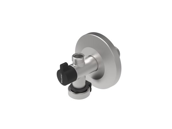 Broen Ballofix® rustfri dobbelt vinkelventil 3/4" x 1/2" x 3/8" med kontraventil, greb og roset