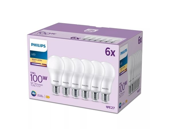 Philips - LED-glödlampa - form: A67 - glaserad finish - E27 - 13 W (motsvarande 100 W) - klass E - varmt vitt ljus - 2700 K (paket om 6)