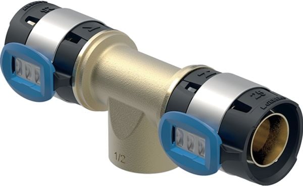 Geberit FlowFit T-stycke med invändig gänga: CuSn4Zn2PS, d=40 mm, Rp=1/2", d1=40 mm