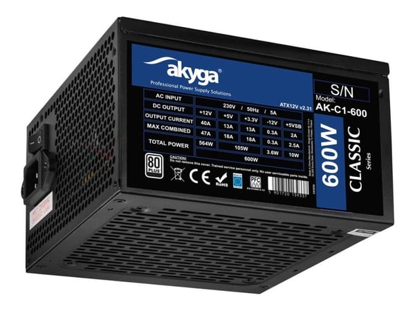 ATX 600W virtalähde Akyga AK-C1-600 P4+4 2x PCI-E 6+2 pin 5x SATA 3x Molex APFC FAN 12cm