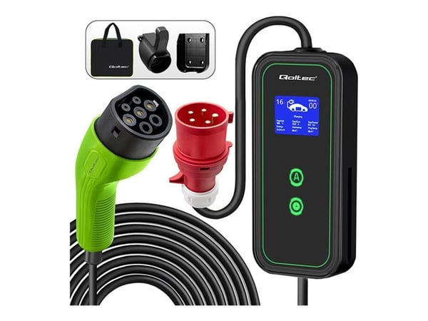 Qoltec Mobile - EV-laddningsstation - with 2-in-1 Type 2 adjustment, portable, LCD, LED - 11 kW - 16 A (IEC 62196-2 (Mennekes)) - svart, grön