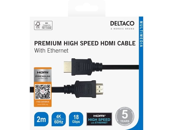 Deltaco Premium-sertifisert høyhastighets HDMI-kabel, 2 m, svart, 2 m, HDMI Type A (Standard), HDMI Type A (Standard), 3840 x 2160 piksler, 18 Gbit...