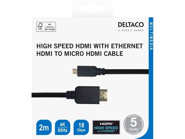 Deltaco High speed HDMI till micro-HDMI-kabel med Ethernet, 2 m, svart, 2 m, HDMI Typ A (standard), HDMI Typ D (micro), 3840 x 2160 pixlar, 18 Gbit...